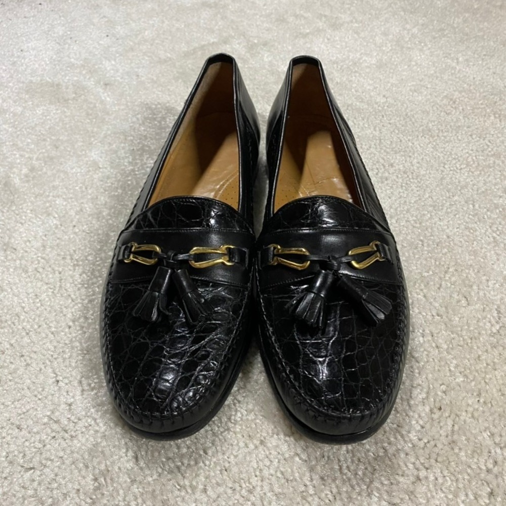 VTG Peter Huber Loafers Mens 8.5 Black Leather Crocodile Tassel Horsebit Loafers